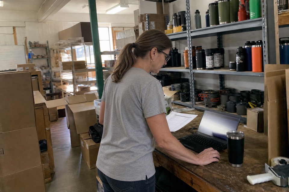 Illustrative candid phone photo of an ecommerce operations manager checking inventory at a warehouse worktable