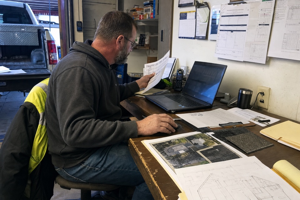 Illustrative candid phone photo of a roofing office team reviewing claims around a busy desk